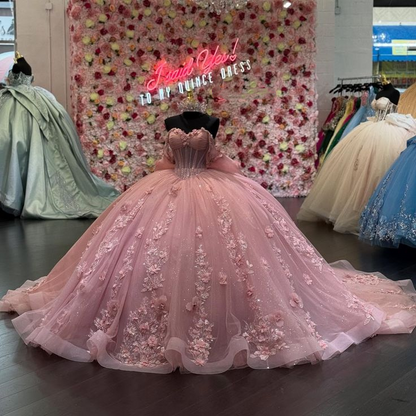Charming Ball Gown Pink Off Shoulder Sleeveless Pleated 3D Flowers Applique Bow Knot Quinceanera Dress Formal Sweet 16 Dress SP573