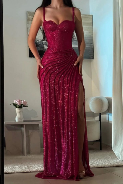 Gorgeous Hot Pink Spaghetti Straps Sequin Pleated Slit Mermaid Evening Dress Formal Prom Gown SP547