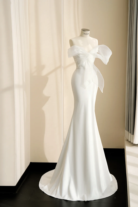 Pretty White Strapless Satin Organza Bow Mermaid Evening Dress,Formal Prom Dress Wedding Dress Y8679