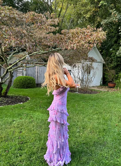 Charming Spaghetti Straps Lavender Chiffon Print Floral Evening Dress,Ruffles Long Prom Dress Y8266