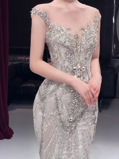 Sparkly Silver Tulle Sequin Mermaid Long Wedding Dress SP4154