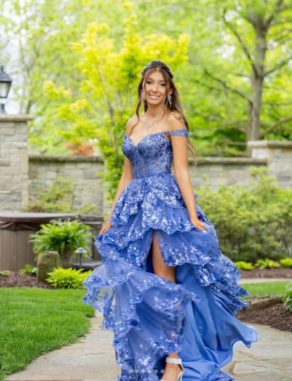 Charming Off The Shoulder Blue Tulle Sequin Layered Mermaid Long Wedding Guest Dress Formal Birthday Evening Gown SP1098