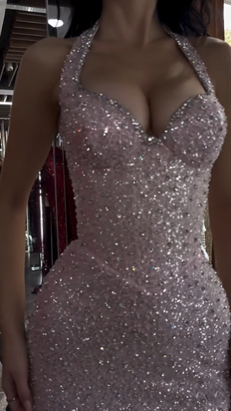 Glitter Pink Halter Sequin Beaded Mermaid Party Dress Long Birthday Prom Gown SP803