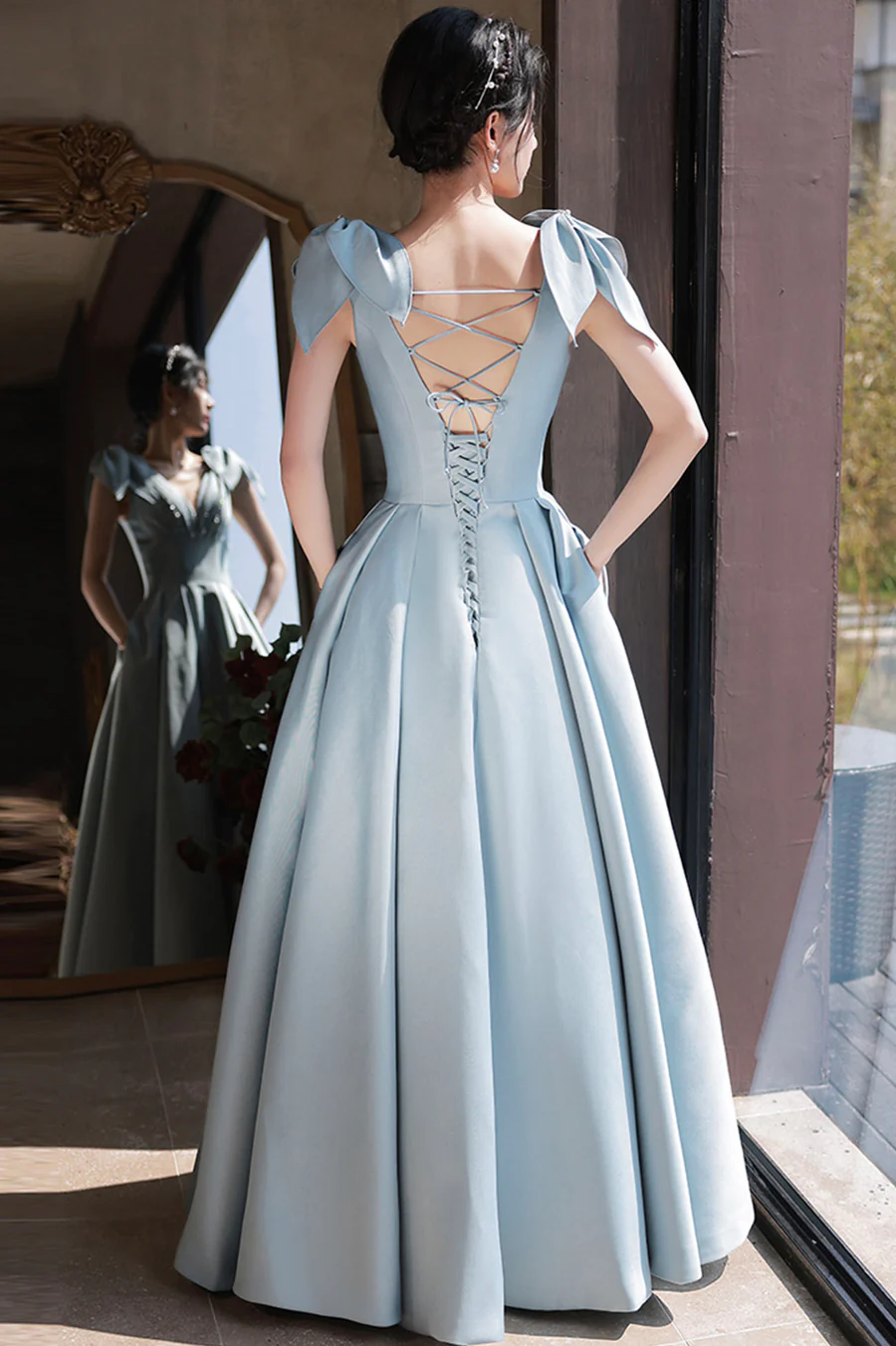 Cute Blue Satin Long Prom Dress, A-Line Blue Evening Dress Y4549