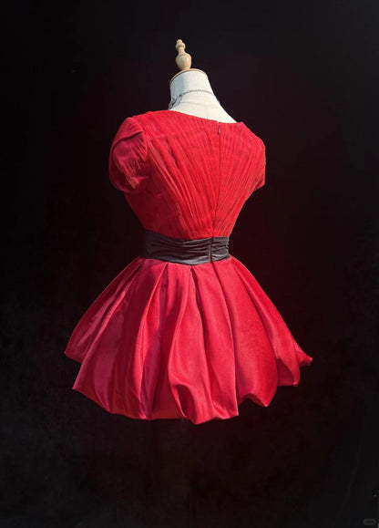Vintage Red Satin Pleated A Line Short Homecoming Dress Birthday Outfits SP2923