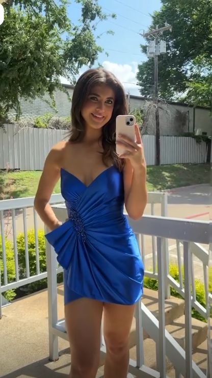 Stylish Royal Blue Satin Beaded Short Graduation Homecoming Dress Strapless Mini Prom Dress SP3824