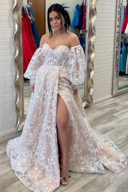 Sparkle Princess Bustier Puff Sleeve Lace Long Prom Dress Detachable Sleeves Evening Dress  Y1805