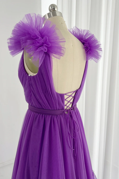 Sexy Purple Tulle Layered Ruffles Prom Dress,A Line Long Evening Dress Y8225
