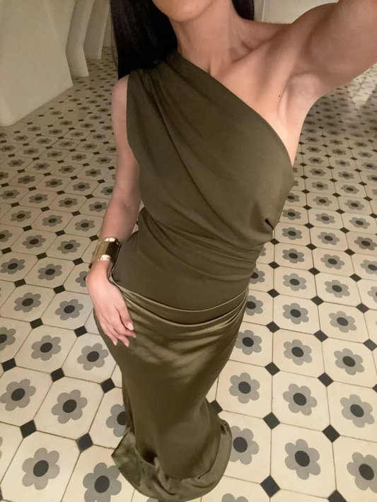 Vintage Olive Green One Shoulder Satin Mermaid Evening Dress Long Wedding Guest Dress SP742