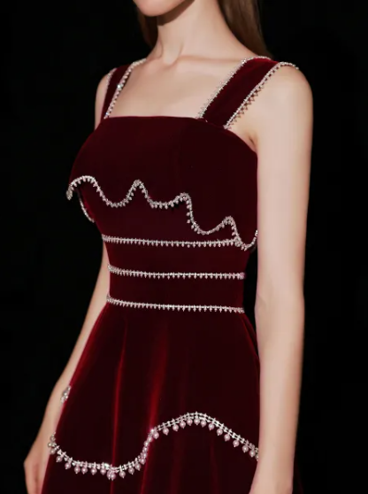 Chic Red Velvet A-line Evening Dress Y4511