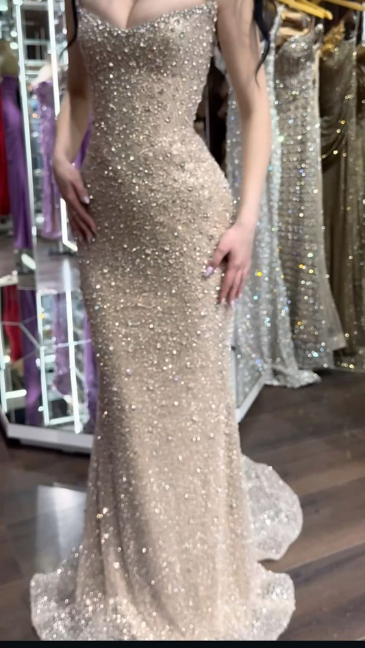 Charming Spaghetti Straps Champagne Sequin Beaded Mermaid Evening Dress Long Prom Gown SP798