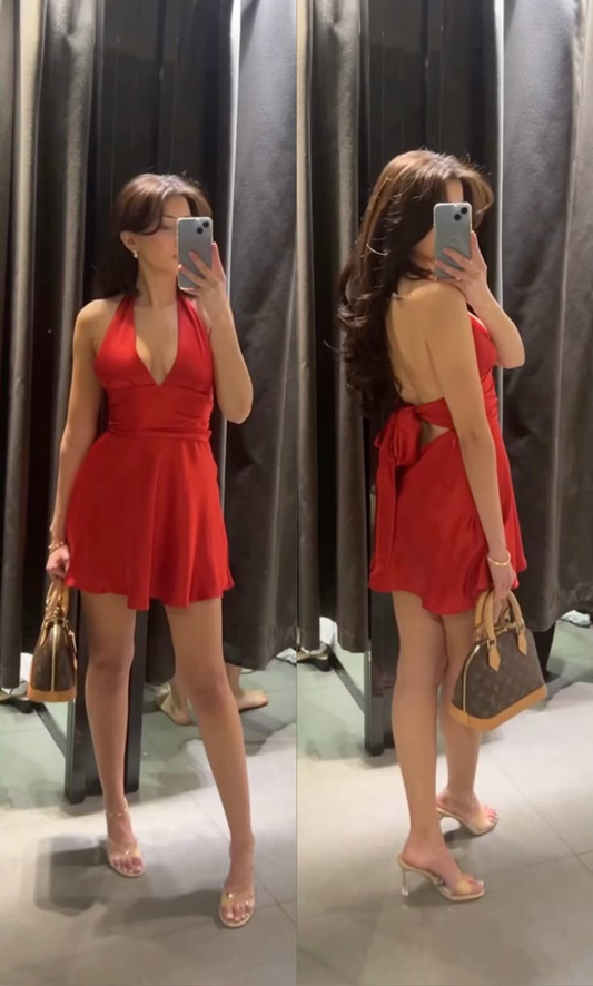 Halter V Neck Red Sexy Cocktail Dress Short 8th Grade Homecoming Dress Y9673