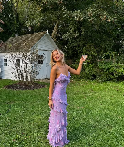 Charming Spaghetti Straps Lavender Chiffon Print Floral Evening Dress,Ruffles Long Prom Dress Y8266