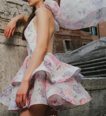 Pink Halter Print Floral Layered A Line Short Formal  Birthday Outfits Homecoming Dress Y9548