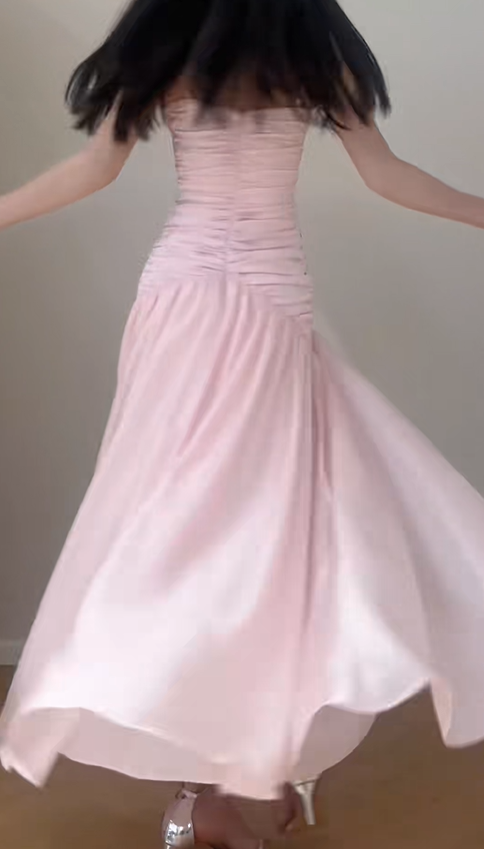 Classy Pink Spaghetti Straps Chiffon Pleated Mermaid Evening Dress Formal Wedding Guest Dress SP621