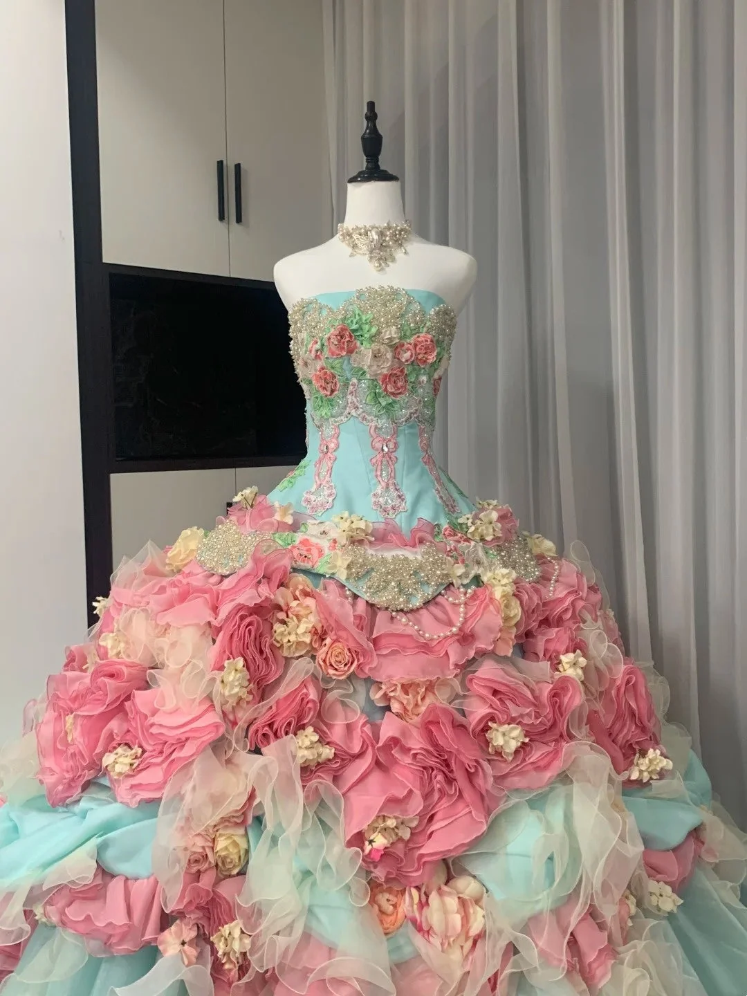 Colorful Ball Gown Strapless Tulle Floral Quinceanera Dress SP3833