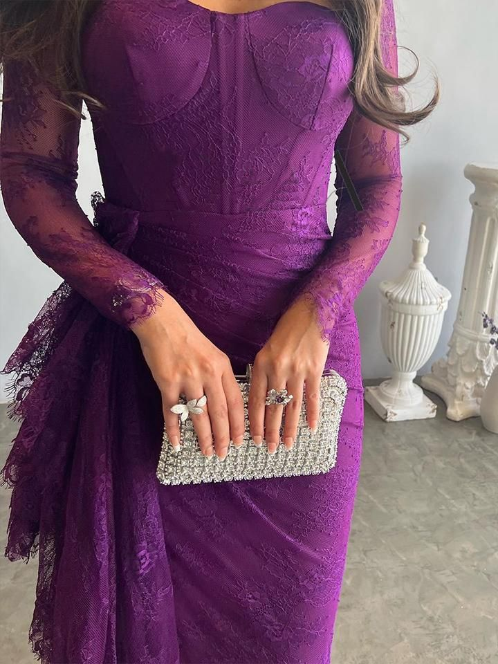 Goegeous Mermaid Split-Side Pleated Lace Evening Dress Purple Long Prom Dress Y7766