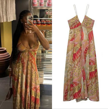 Vintage Spaghetti Straps V Neck Chiffon Print Floral A Line Long Birthday Prom Gown Party Dress SP829