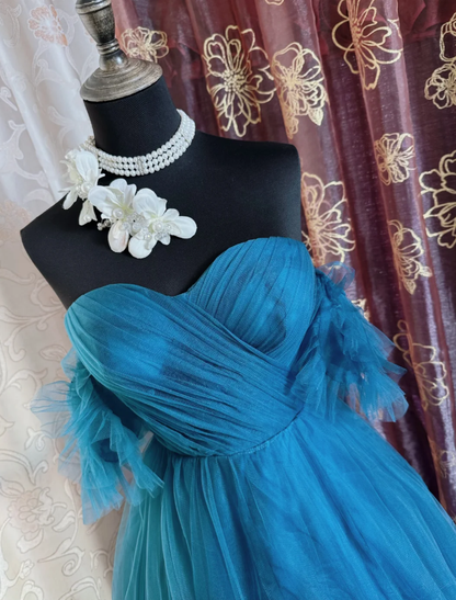 Elegant Peacock Blue Off The Tulle A Line Wedding Guest Dress Long Evening Dress Prom Dress SP1613