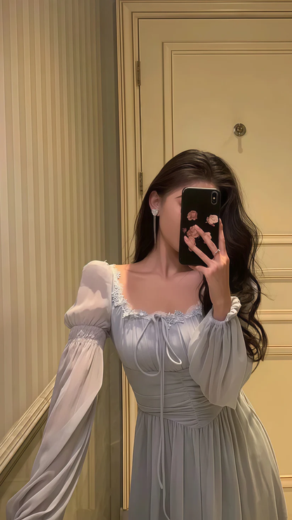 Grey Lace Chiffon Long Sleeves Party Dress Elegant Prom Evening Dress Y8021