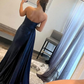 Navy Blue Sweetheart Satin Applique Mermaid Prom Dress with Side Slit  Y6792