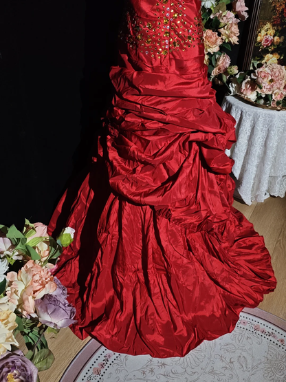 Vintage Red Spaghetti Straps Satin Pleated Long Party Dress Prom Dress SP2262