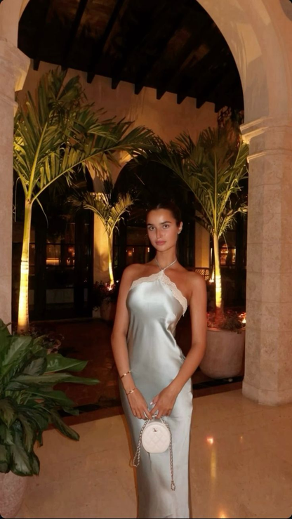 Sexy Halter Satin Lace Party Evening Dress Y8169