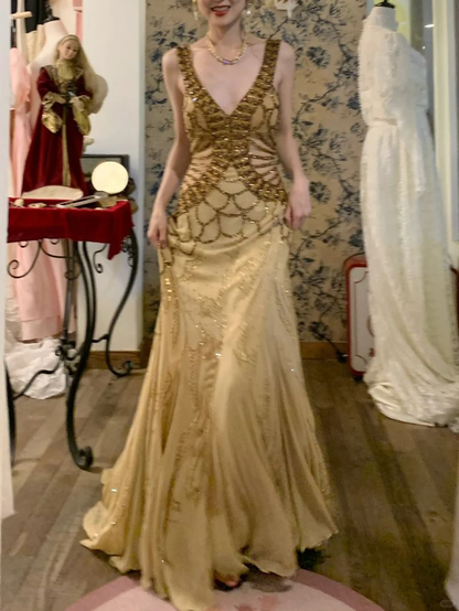 Vintage V Neck Yellow Chiffon Sequin Beaded  Mermaid Party Dress Long Prom Dresses SP454
