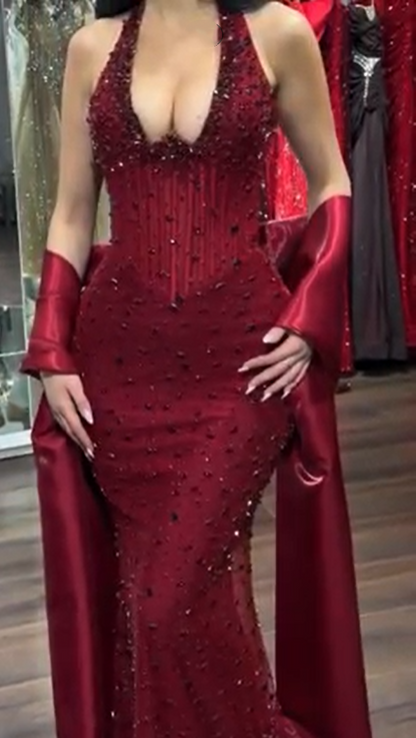 Gorgeous Burgundy Halter Beaded Mermaid Long Party Dress Birthday Dress With Shawl SP2223