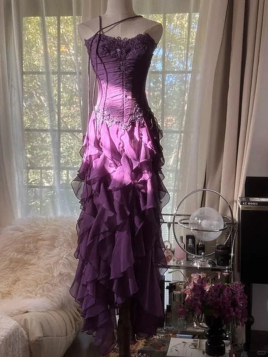 Vintage Purple Chiffon Appliques Long Evening Dress Formal Prom Dress Y9730