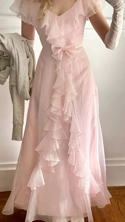 Classy Pink Chiffon Ruffle Evening Dress Formal A Line Prom Dress Y8435