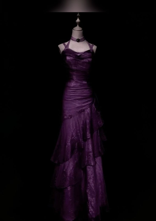 Vintage Purple Tulle Mermaid Long Evening Dress Birthday Outfits SP941