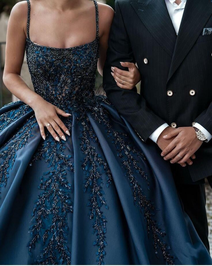 Gorgeous Spaghetti Straps Ball Gown,Navy Blue Satin Beaded Appliques Quinceanera Dress SP2662