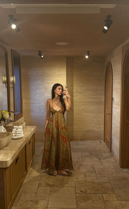 Vintage Spaghetti Straps V Neck Chiffon Print Floral A Line Long Birthday Prom Gown Party Dress SP829