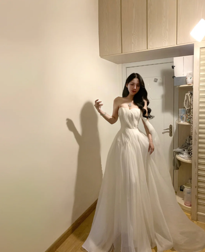 Elegant Strapless White Tulle Long Prom Dress Formal Party Gown SP297