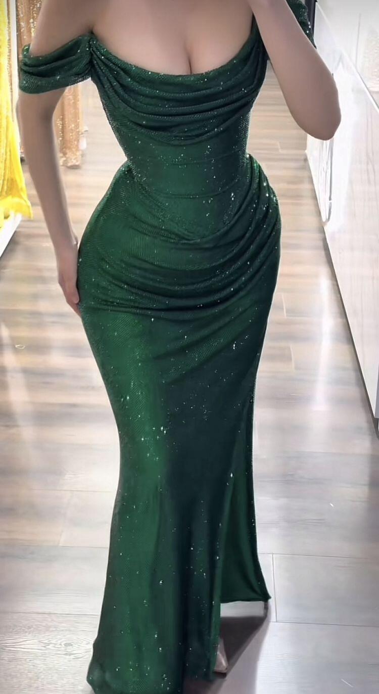 Vintage Emerald Green Off The Shoulder Sequin Slit Mermaid Party Dress Long Wedding Guest Dress SP3413