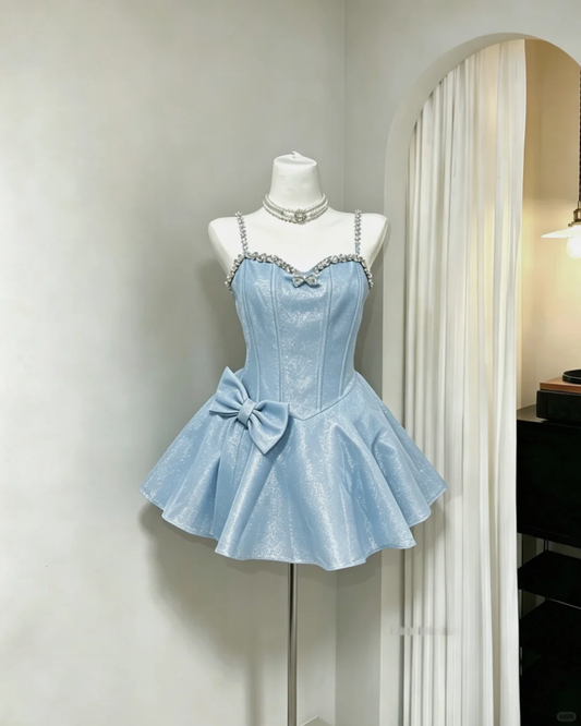 Shiny Spaghetti Straps Satin Beaded A Line Birthday Outfits,Blue Short 8th Grade Homecoming Dress SP2626