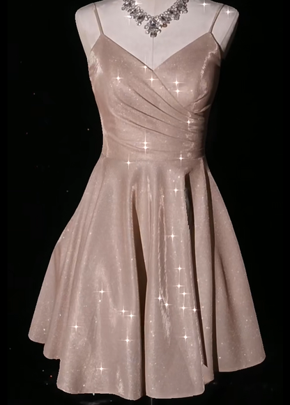 Sexy Spaghetti Straps Blush Pink Satin A Line Short Cocktail Dress Formal Graduation Homecoming Dress Y9128