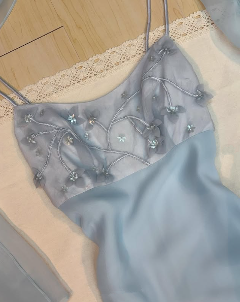 Elegant Pastel Blue Straps Chiffon Appliques Beaded Prom Evening Dress Y8142