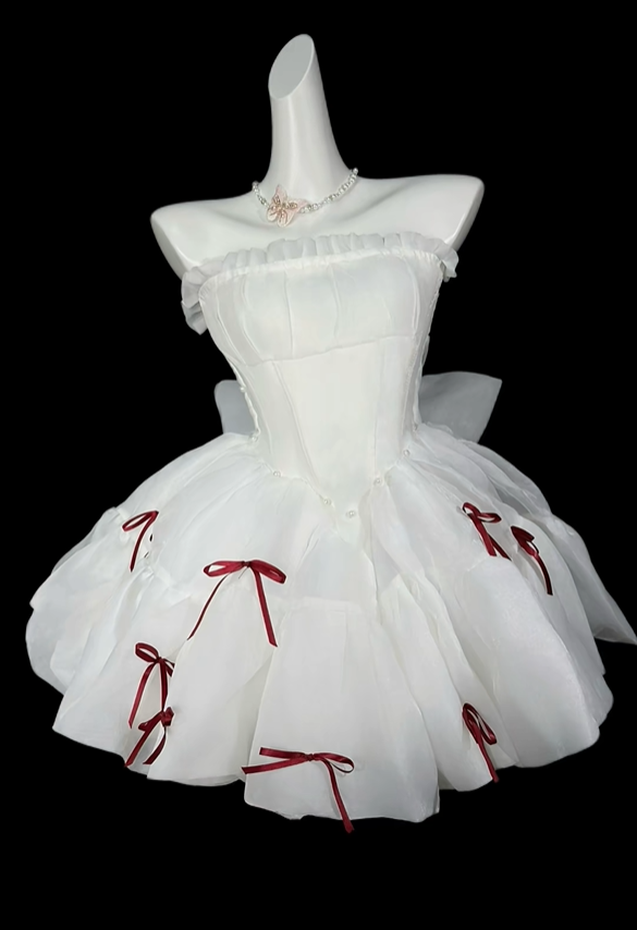 Fairy Strapless Tulle Bow A Line Short Birthday Outfits,White Short 6th Grade Homecoming Dress SP3525