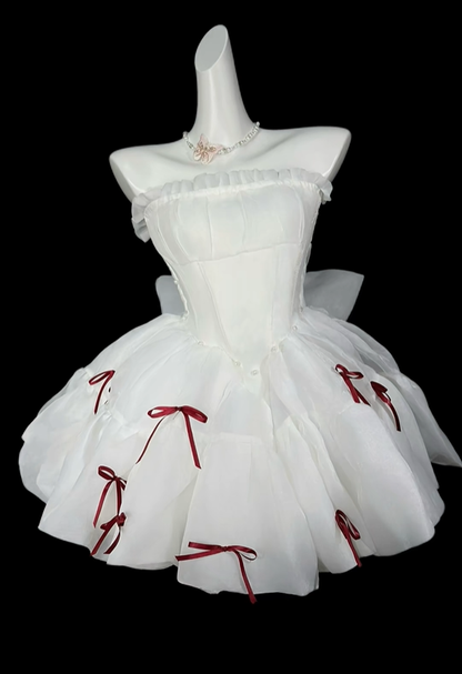 Fairy Strapless Tulle Bow A Line Short Birthday Outfits,White Short 6th Grade Homecoming Dress SP3525