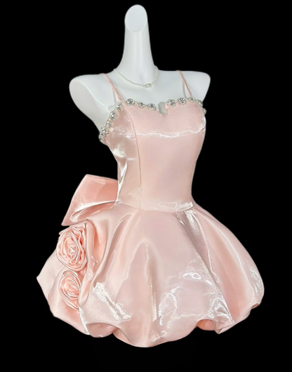 Pretty Pink Spaghetti Straps Satin Beaded A Line Short Graduation Homecoming Dress With Bow SP3534