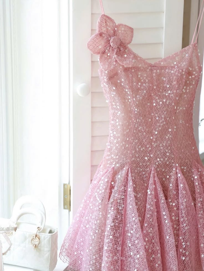 Sparkly Pink Spaghetti Straps Sequin A Line Short Homecoming Dress Cocktail Dress SP2649