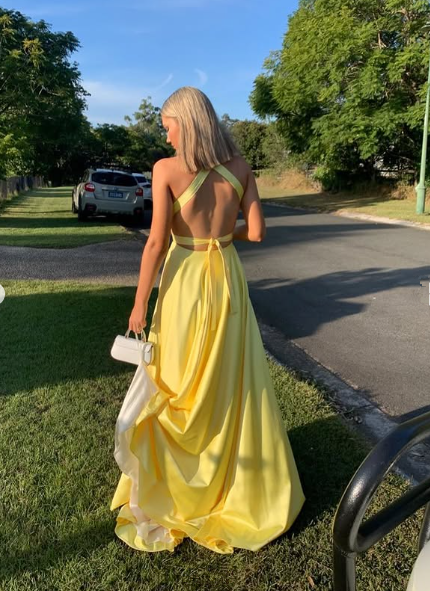 Modest Yellow Satin Long Evening Dresses with Side Slit Formal Party Dress  Y5217