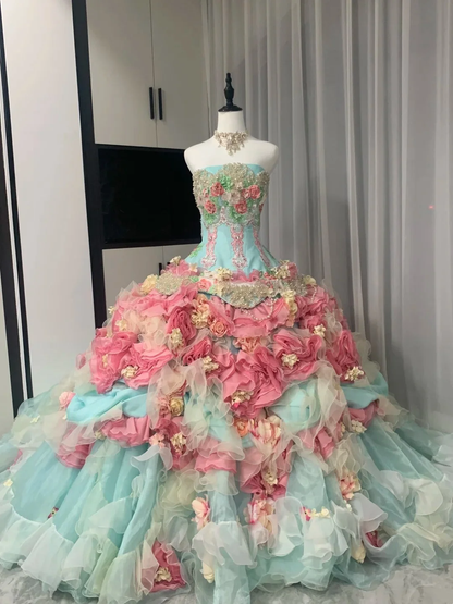Colorful Ball Gown Strapless Tulle Floral Quinceanera Dress SP3833