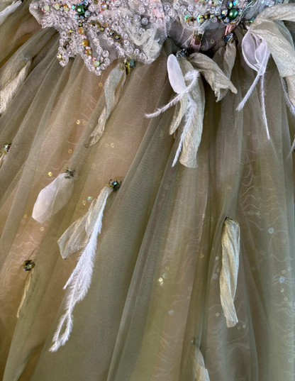 Gorgeous Olive Green Off The Shoulder Tulle Sequin Beaded Birthday Ball Gown Formal Quinceanera Dress SP1466