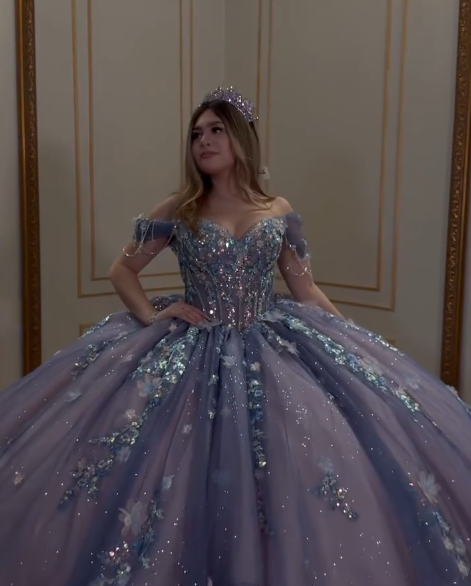 Gorgeous Off The Shoulder Purple Tulle Sequin Appliques Beaded Princess Quinceanera Dress Sweet 16 Dress SP1031