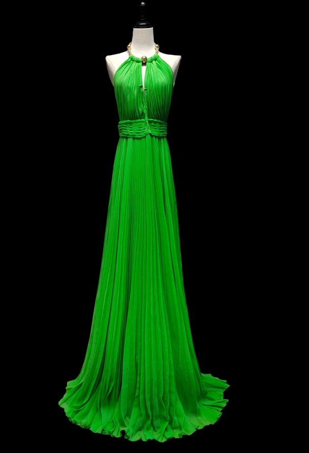 Charming Halter Green Chiffon Pleated Long Prom Dress Backless Evening Gown SP474