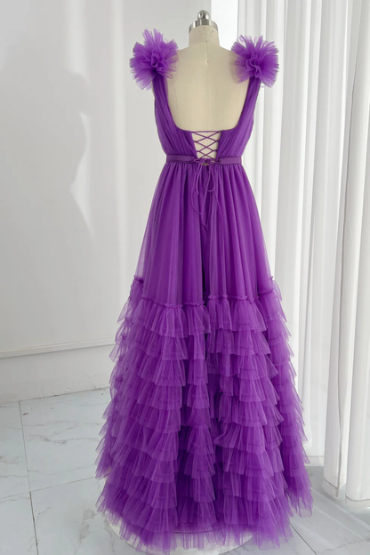 Sexy Purple Tulle Layered Ruffles Prom Dress,A Line Long Evening Dress Y8225
