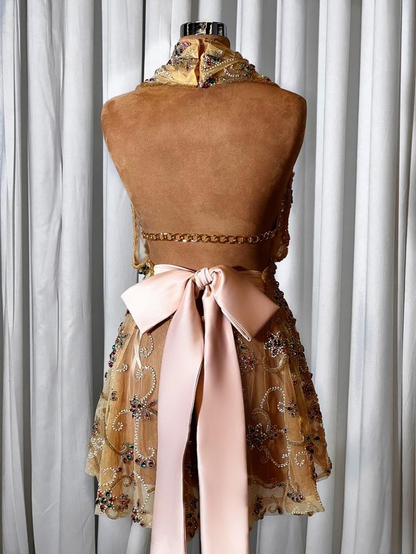 Gorgeous Champagne Halter Tulle Beaded Sheath Cocktail Dress Formal Graduation Homecoming Dress Birthday Outfits Y9677